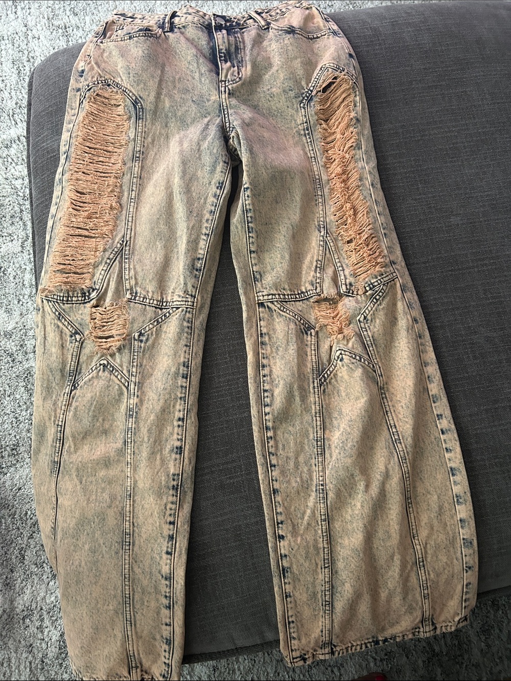 NWT Mebon by Machine Acid Wash Denim with stars at knees wide leg size 11